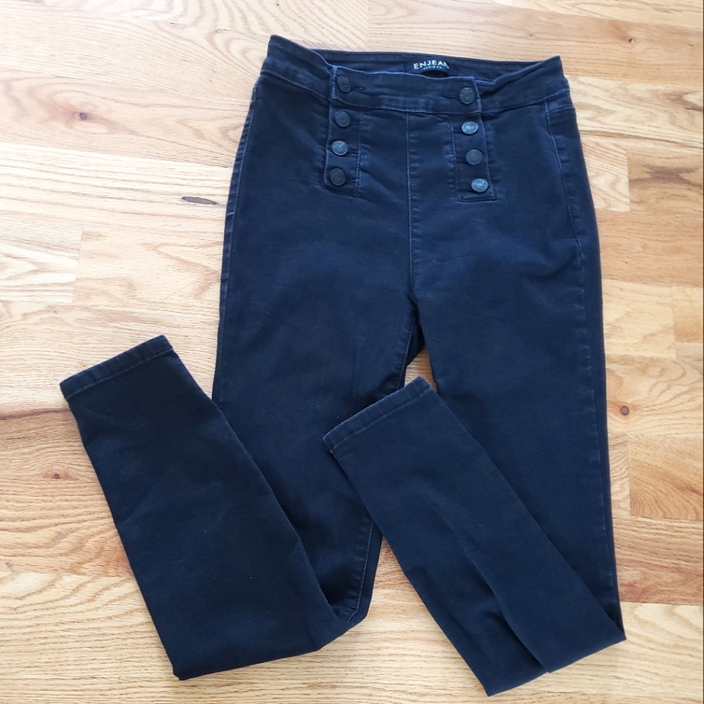 ENJEAN Dual Row Front Button Pull On Black Skinny Jeans, Women's Junior's 5